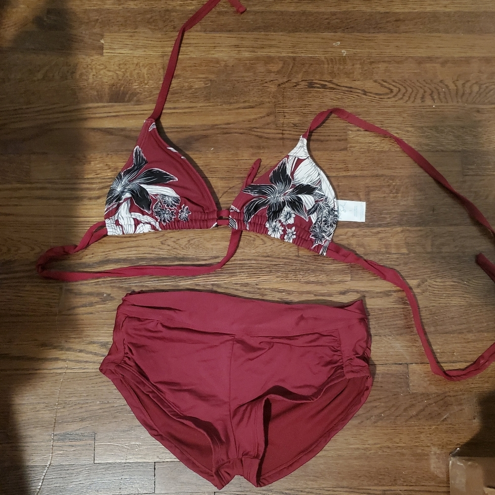 Red flower high waisted bikini